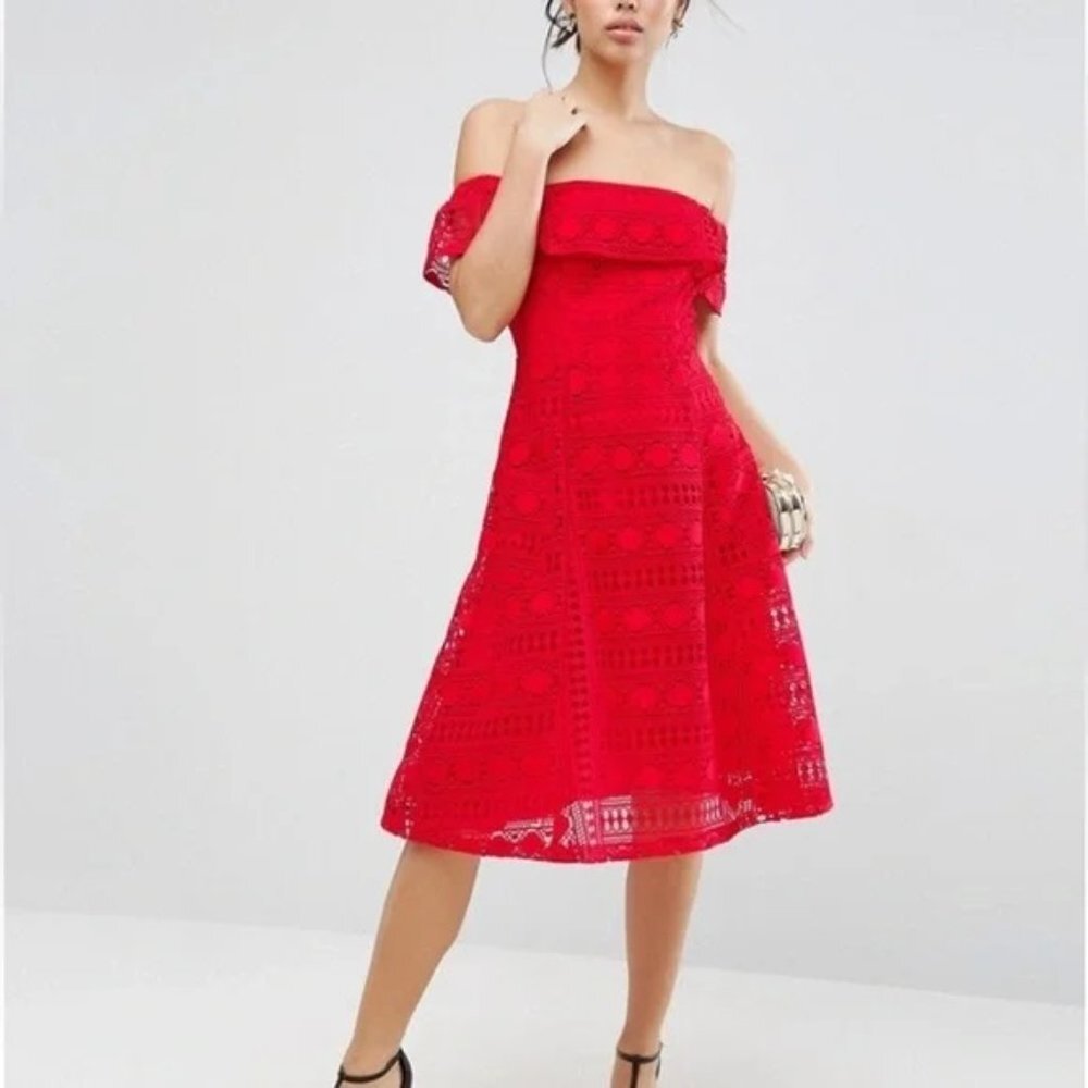 ASOS Red Lace Off-the-Shoulder A Line Midi Dress P1082